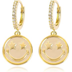 Cute Gold Smiley Face Huggie Hoop Earrings with Heart Eyes for Women Teen Girls 14K Gold Plated Dangle Smiley Earrings Drop Smile Happy Face Cubic Zirconia Hoop Earrings Trendy Preppy Jewelry Gifts
