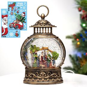 Christmas Snow Globe Lantern Water Glittering Christmas Tree Snowman Child with Music & Timer, USB Lined or Battery Operated Lighted Lantern for Christmas Festival Decoration Gifts