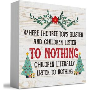 مضحك حيث قمم شجرة لامعة والأطفال يستمعون علامة صندوق خشبي، مزرعة عيد الميلاد سانتا ديكور العمل الفني، الخشب مربع علامة مكتب كتلة علامات المنزل الجرف مكتب الديكور 5 × 5 بوصة in Kuwait