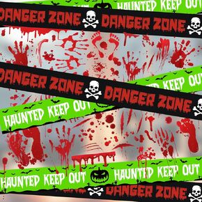 164 ft Halloween Caution Tape and 8 Pcs Bloody Window Clings, Zombie Keep Out Warning Tape and Bloody Handprint Footprint Sticker Halloween Party Decoration(Yellow,Ghost)