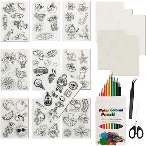 Woohome 19 PCS Heat Shrink Plastic Sheet Kit, 15 PCS Heat Shrink Paper with Chains, Pencils, Scissors and Tweezers for Adults Kids Creative Craft School Project