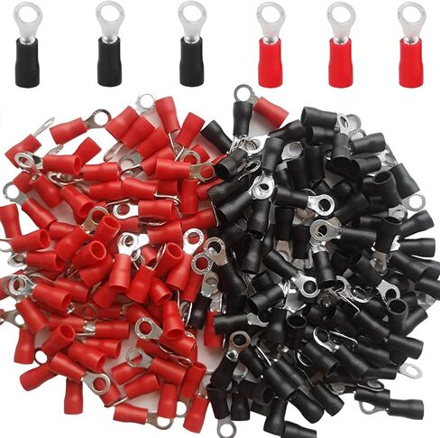 200 Pcs AWG16-14#8 Insulated Ring Terminals，O-Type Ring Wire Connectors Electrical Crimp Terminals (100 Pcs Red +100 Pcs Black) in Saudi Arabia