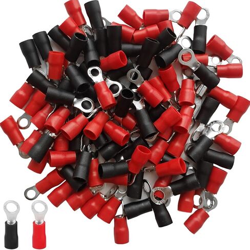 200 Pcs AWG16-14#8 Insulated Ring Terminals，O-Type Ring Wire Connectors Electrical Crimp Terminals (100 Pcs Red +100 Pcs Black) in Saudi Arabia
