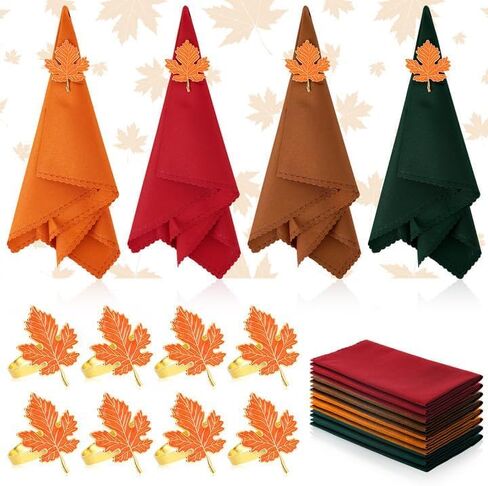 16 Pcs Autumn Maple Leaves Napkin Rings Set Include 8 Pcs Maple Shape Napkin Rings Holder and 8 Pcs Autumn Colored Collection Tabletop for Autumn Thanksgiving Dinner Party Table Decoration in Saudi Arabia