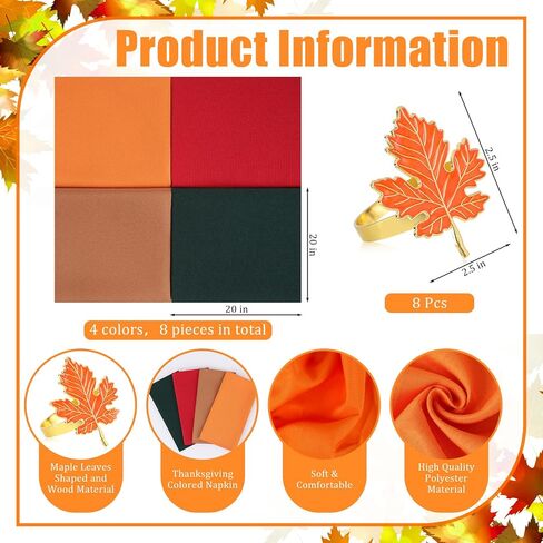 16 Pcs Autumn Maple Leaves Napkin Rings Set Include 8 Pcs Maple Shape Napkin Rings Holder and 8 Pcs Autumn Colored Collection Tabletop for Autumn Thanksgiving Dinner Party Table Decoration in Saudi Arabia