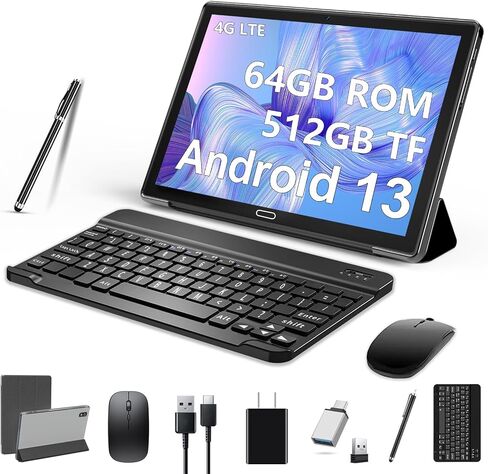 Newest 2024 Android 13 Tablet 10.1 Inch, Dual 4G Cellular Tablets with 64GB ROM+512GB Expandable, 3 In 1 Tablet with keyboard Mouse Pen-13MP Dual Camera,1080 FHD,Octa-Core,GPS/WIFI/Bluetooth(Silvery) in Saudi Arabia