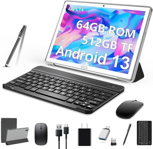 Newest 2024 Android 13 Tablet 10.1 Inch, Dual 4G Cellular Tablets with 64GB ROM+512GB Expandable, 3 In 1 Tablet with keyboard Mouse Pen-13MP Dual Camera,1080 FHD,Octa-Core,GPS/WIFI/Bluetooth(Silvery) in Saudi Arabia