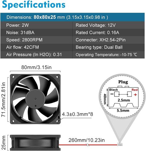 Wathai 80mm x 20mm 8020 12V DC Cooling Fan 2Pin High Preformance Brushless Fan 12 Volt in Saudi Arabia