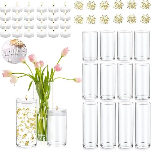 Set of 12 Glass Cylinder Vases for Centerpieces with 80000 Water Beads 12 Pearl String 24 White Floating Candles for Centerpieces, Table Centerpieces for Wedding Party Home Decor 5, 6, 8 Inch in Saudi Arabia