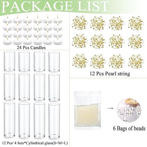 Set of 12 Glass Cylinder Vases for Centerpieces with 80000 Water Beads 12 Pearl String 24 White Floating Candles for Centerpieces, Table Centerpieces for Wedding Party Home Decor 5, 6, 8 Inch in Saudi Arabia