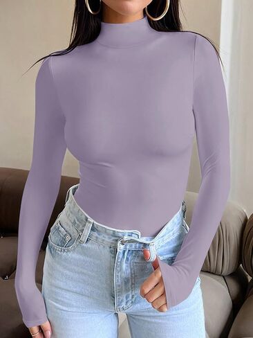 REORIA Women's Long Sleeve Mock Turtle Neck Tops Fall Winter Basic Double Lined Layering Lightweight Slim Fitted Shirts in Saudi Arabia