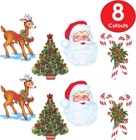 Beistle 8 Piece Merry Christmas Decorations Paper Cut Outs Holiday Party Supplies-Santa Claus, Reindeer, Tree, Candy Canes, 16" - 17", Multicolor in Saudi Arabia