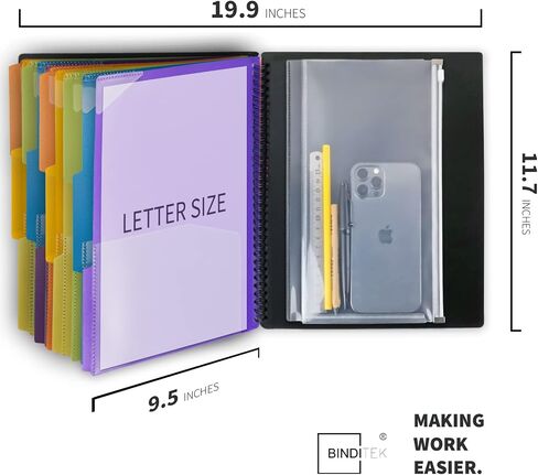 Binditek 1 Pack 18 Pocket Poly Project Organizer with 9 Dividers, Heavyduty Folder with Customizable Front Cover, Metal Wire Binding Spine, Extra Zipper Pouch, Letter Size, School Office Supplies in Saudi Arabia