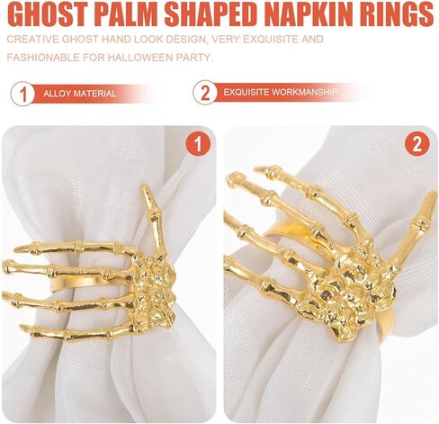 هيموتون 6 قطع حلقات منديل الهالوين هيكل عظمي لعظام اليد منديل معدني بإبزيم مناديل حاملات لوازم حفلات الهالوين ديكور طاولة الطعام (ذهبي) in Kuwait