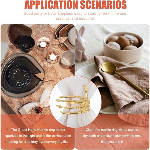هيموتون 6 قطع حلقات منديل الهالوين هيكل عظمي لعظام اليد منديل معدني بإبزيم مناديل حاملات لوازم حفلات الهالوين ديكور طاولة الطعام (ذهبي) in Kuwait