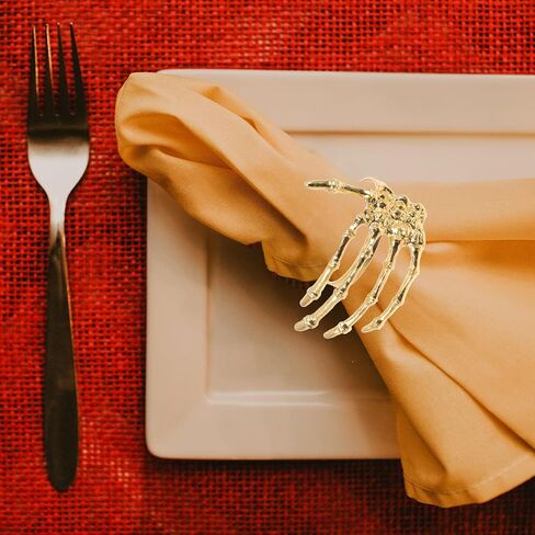 هيموتون 6 قطع حلقات منديل الهالوين هيكل عظمي لعظام اليد منديل معدني بإبزيم مناديل حاملات لوازم حفلات الهالوين ديكور طاولة الطعام (ذهبي) in Kuwait