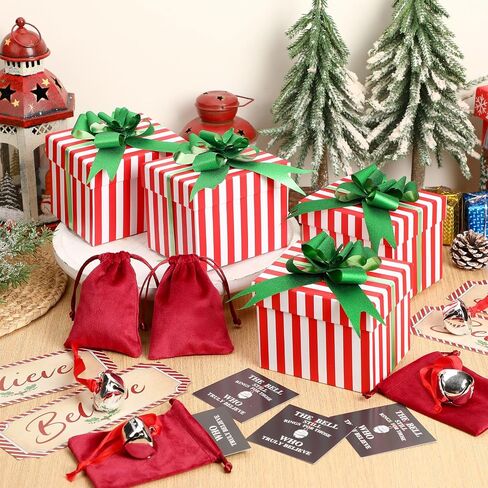 Lyrow 4 Set Santa Sleigh Bell Gift Set Christmas Boxes, Tags, Tickets Believe Bell Ornament Christmas Sleigh Bell with Red Ribbon Red Velvet Bag Christmas Tree Home Decor Holiday Keepsake in Saudi Arabia