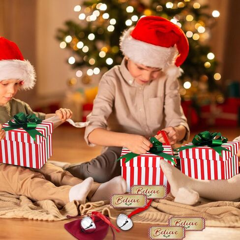 Lyrow 4 Set Santa Sleigh Bell Gift Set Christmas Boxes, Tags, Tickets Believe Bell Ornament Christmas Sleigh Bell with Red Ribbon Red Velvet Bag Christmas Tree Home Decor Holiday Keepsake in Saudi Arabia