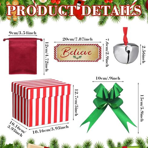 Lyrow 4 Set Santa Sleigh Bell Gift Set Christmas Boxes, Tags, Tickets Believe Bell Ornament Christmas Sleigh Bell with Red Ribbon Red Velvet Bag Christmas Tree Home Decor Holiday Keepsake in Saudi Arabia