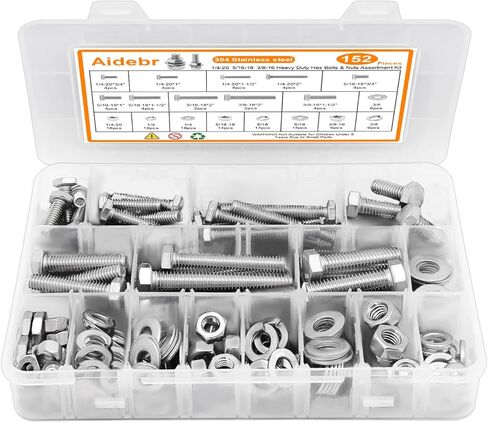 مجموعة متنوعة من الصواميل والبراغي ذات الرأس السداسي من الفولاذ المقاوم للصدأ، مجموعة متنوعة من 152 قطعة من البراغي 1/4-20، 5/16-18،3/8-16 ومسامير صواميل متنوعة ومجموعة متنوعة من غسالة القفل المسطحة والزنبركية مع حقيبة تخزين in Kuwait