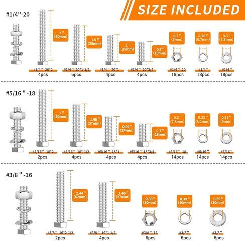 مجموعة متنوعة من الصواميل والبراغي ذات الرأس السداسي من الفولاذ المقاوم للصدأ، مجموعة متنوعة من 152 قطعة من البراغي 1/4-20، 5/16-18،3/8-16 ومسامير صواميل متنوعة ومجموعة متنوعة من غسالة القفل المسطحة والزنبركية مع حقيبة تخزين in Kuwait
