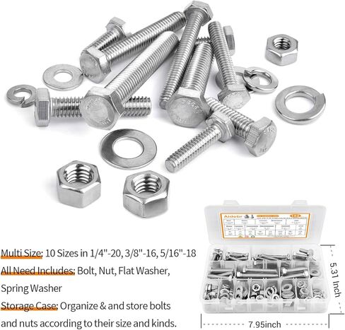 مجموعة متنوعة من الصواميل والبراغي ذات الرأس السداسي من الفولاذ المقاوم للصدأ، مجموعة متنوعة من 152 قطعة من البراغي 1/4-20، 5/16-18،3/8-16 ومسامير صواميل متنوعة ومجموعة متنوعة من غسالة القفل المسطحة والزنبركية مع حقيبة تخزين in Kuwait