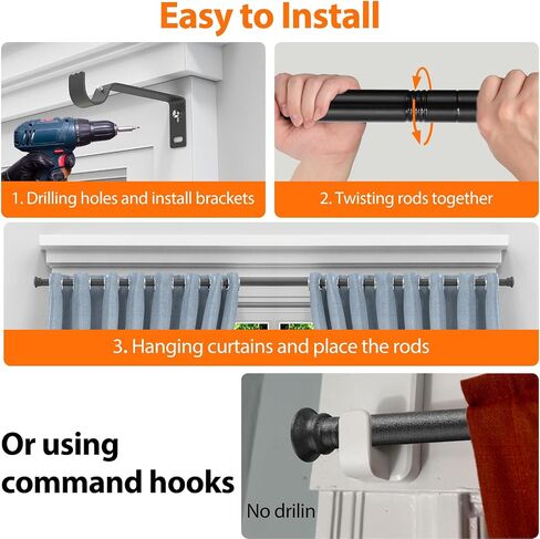5/8 Inch Curtain Rod 17 to 52 Inch, Adjustable Curtain Rod, Curtain Rod Brackets, Black in Saudi Arabia