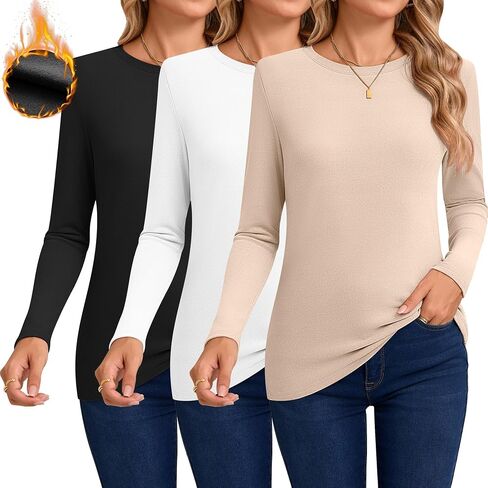 Huukeay 3 Pack Women's Thermal Shirts Long Sleeve De Velvet Lined Underwear Tops Crew Neck Slim Fit Basic Base Layer Tee in Saudi Arabia