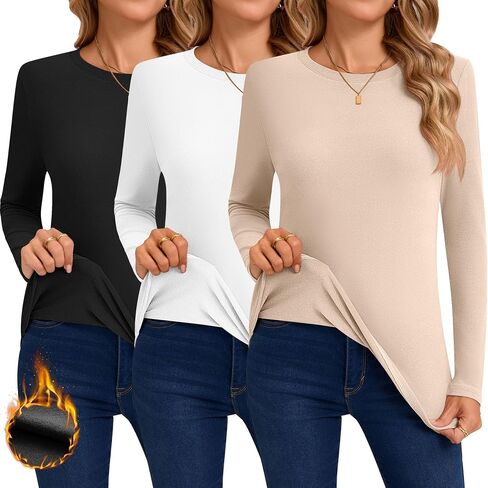 Huukeay 3 Pack Women's Thermal Shirts Long Sleeve De Velvet Lined Underwear Tops Crew Neck Slim Fit Basic Base Layer Tee in Saudi Arabia