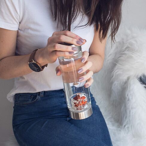 VitaJuwel ViA LUNA | Crystal Water Bottle (glass, 16.9 fl.oz.) with Rainbow Moonstone and Clear Quartz for Intuition, Empathy, Femininity in Saudi Arabia