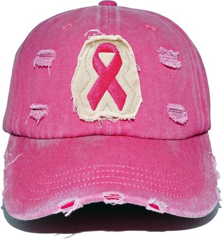 Breast Cancer Awareness Hat Pink Ribbon Patch Distressed Cotton Adjustable Baseball Cap, Breast Cancer Gift for Women in Kuwait