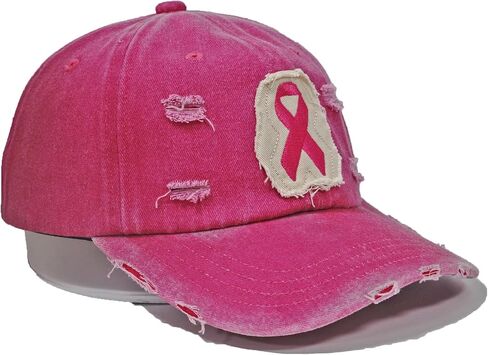 Breast Cancer Awareness Hat Pink Ribbon Patch Distressed Cotton Adjustable Baseball Cap, Breast Cancer Gift for Women in Kuwait