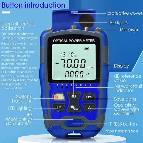 مقياس الطاقة الضوئية الأزرق A-M7 -70~+10dbm 3 في 1 جهاز اختبار شبكة RJ45 المدمج بإضاءة LED SC/FC/ST واجهة عالمية مع محول FC ذكر إلى LC أنثى اختبار الكابلات الضوئية مقياس الطاقة OPM in Kuwait
