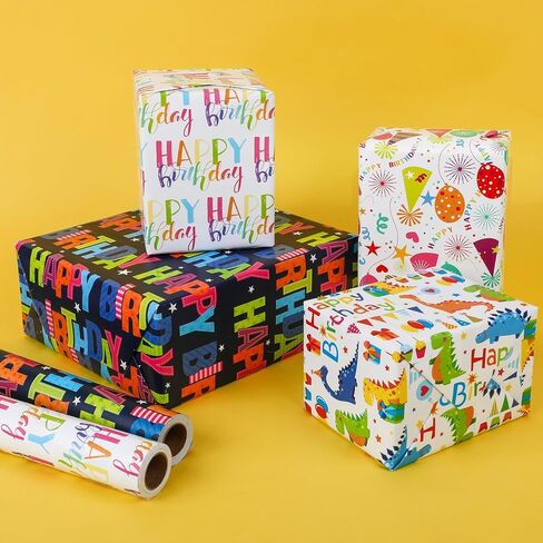 ورق تغليف عيد الميلاد من NESCCI، لفافة ورق تغليف الهدايا، ورق تغليف كرافت، لفافة صغيرة - 4 لفات - 17 بوصة × 120 بوصة لكل لفة، رسالة عيد ميلاد سعيد، بالونات، نجمة خماسية، نقاط ملونة (56 قدم مربع) in Kuwait