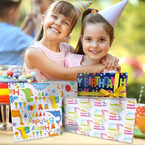 ورق تغليف عيد الميلاد من NESCCI، لفافة ورق تغليف الهدايا، ورق تغليف كرافت، لفافة صغيرة - 4 لفات - 17 بوصة × 120 بوصة لكل لفة، رسالة عيد ميلاد سعيد، بالونات، نجمة خماسية، نقاط ملونة (56 قدم مربع) in Kuwait