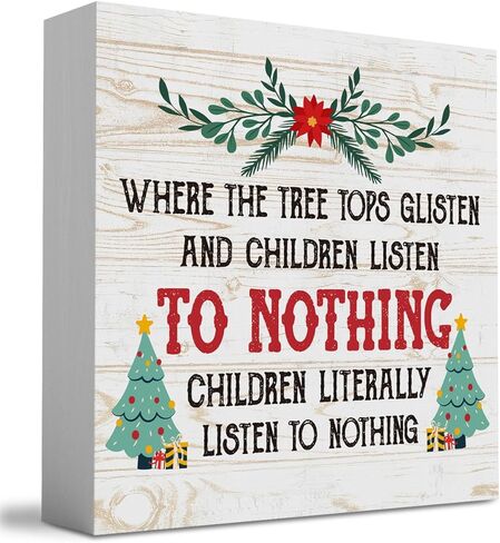 مضحك حيث قمم شجرة لامعة والأطفال يستمعون علامة صندوق خشبي، مزرعة عيد الميلاد سانتا ديكور العمل الفني، الخشب مربع علامة مكتب كتلة علامات المنزل الجرف مكتب الديكور 5 × 5 بوصة in Kuwait