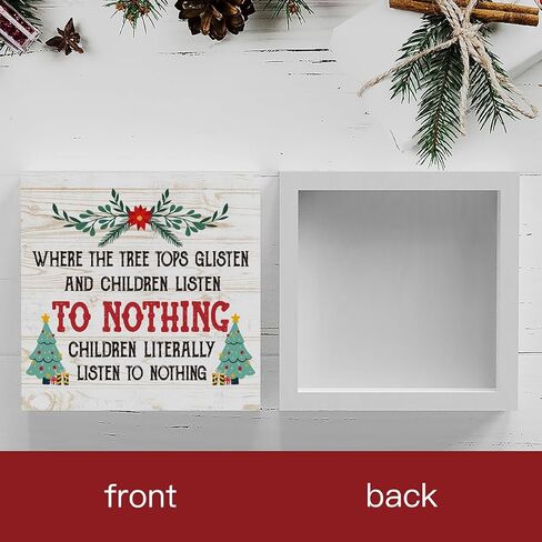 مضحك حيث قمم شجرة لامعة والأطفال يستمعون علامة صندوق خشبي، مزرعة عيد الميلاد سانتا ديكور العمل الفني، الخشب مربع علامة مكتب كتلة علامات المنزل الجرف مكتب الديكور 5 × 5 بوصة in Kuwait