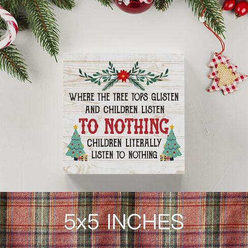 مضحك حيث قمم شجرة لامعة والأطفال يستمعون علامة صندوق خشبي، مزرعة عيد الميلاد سانتا ديكور العمل الفني، الخشب مربع علامة مكتب كتلة علامات المنزل الجرف مكتب الديكور 5 × 5 بوصة in Kuwait