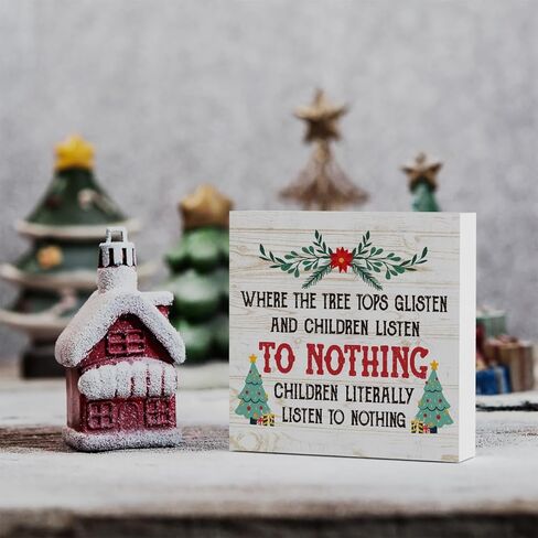 مضحك حيث قمم شجرة لامعة والأطفال يستمعون علامة صندوق خشبي، مزرعة عيد الميلاد سانتا ديكور العمل الفني، الخشب مربع علامة مكتب كتلة علامات المنزل الجرف مكتب الديكور 5 × 5 بوصة in Kuwait