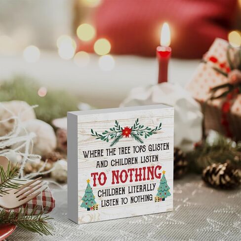 مضحك حيث قمم شجرة لامعة والأطفال يستمعون علامة صندوق خشبي، مزرعة عيد الميلاد سانتا ديكور العمل الفني، الخشب مربع علامة مكتب كتلة علامات المنزل الجرف مكتب الديكور 5 × 5 بوصة in Kuwait
