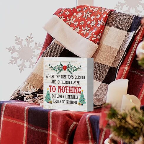 مضحك حيث قمم شجرة لامعة والأطفال يستمعون علامة صندوق خشبي، مزرعة عيد الميلاد سانتا ديكور العمل الفني، الخشب مربع علامة مكتب كتلة علامات المنزل الجرف مكتب الديكور 5 × 5 بوصة in Kuwait