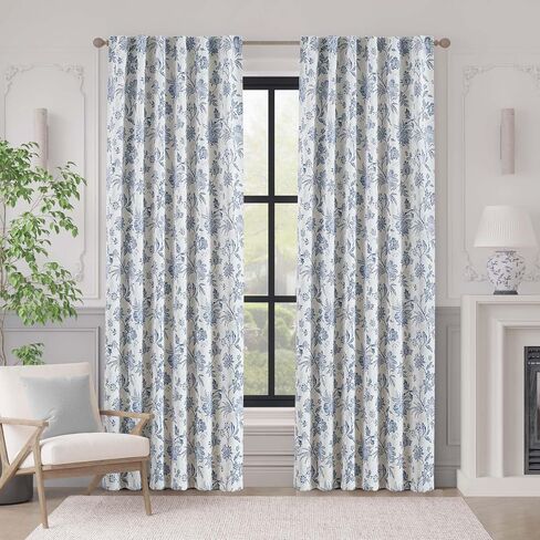 Vangao Blackout Floral Curtains 84 Inches Long, Printed Flower Blue Blackout Drapes for Bedroom Rod Pocket Back Tab Full Blackout Curtain Thermal Window Drape, 2 Panels Blue and White in Saudi Arabia