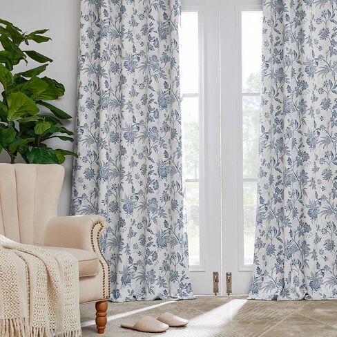 Vangao Blackout Floral Curtains 84 Inches Long, Printed Flower Blue Blackout Drapes for Bedroom Rod Pocket Back Tab Full Blackout Curtain Thermal Window Drape, 2 Panels Blue and White in Saudi Arabia