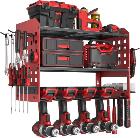Spacecare Power Tool Organizer, Drill Holder Wall Mount with 2 Side Pegboards with Hooks, 3 Layer Garage Organization Floating Cordless Heavy Duty Tool Organizers Utility Rack for 4Drill Holders Black in Saudi Arabia