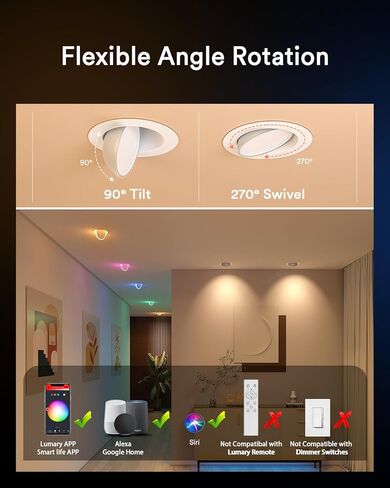 Lumary RGBAI Gimbal Smart Recessed Lighting 4 Inch Pro Max, 9W 780LM Eyeball Recessed Lights with Night Light, 270°+90° Adjustable Directional Downlights, Work with Alexa/Google Assistant, 1Pack in Kuwait