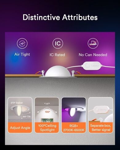 Lumary RGBAI Gimbal Smart Recessed Lighting 4 Inch Pro Max, 9W 780LM Eyeball Recessed Lights with Night Light, 270°+90° Adjustable Directional Downlights, Work with Alexa/Google Assistant, 1Pack in Kuwait