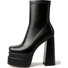 حذاء نسائي أسود من Mettesally بمقدمة مربعة وكعب مكتنز وكعب متوسط ​​الساق وأحذية طويلة ذات نعل سميك وسحاب جانبي in Kuwait