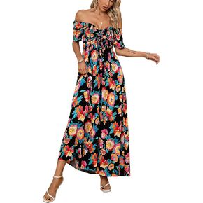 Kormei Women's Summer Off Shoulder Casual Boho Floral V Neck Drawstring Short Sleeve Party Smocked Long Maxi Dress