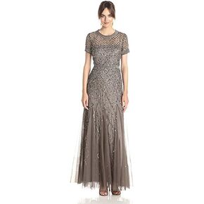 Adrianna Papell Women's Short-Sleeve Beaded Mesh Gown