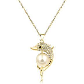 Gold & Platinum Plated Cubic Zirconia Pave Dolphin Playing Pearl Ball Pendant Necklace Y1076